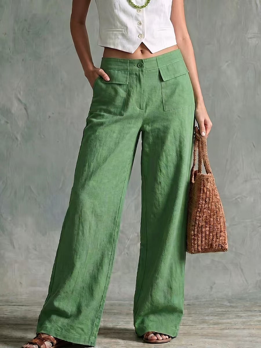 Sage Linen High Waist Patch Pocket Wide Leg Trousers