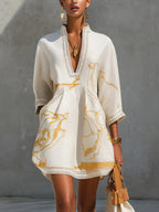 Black Gold Printed V-neck Crochet Lace Mini Dress