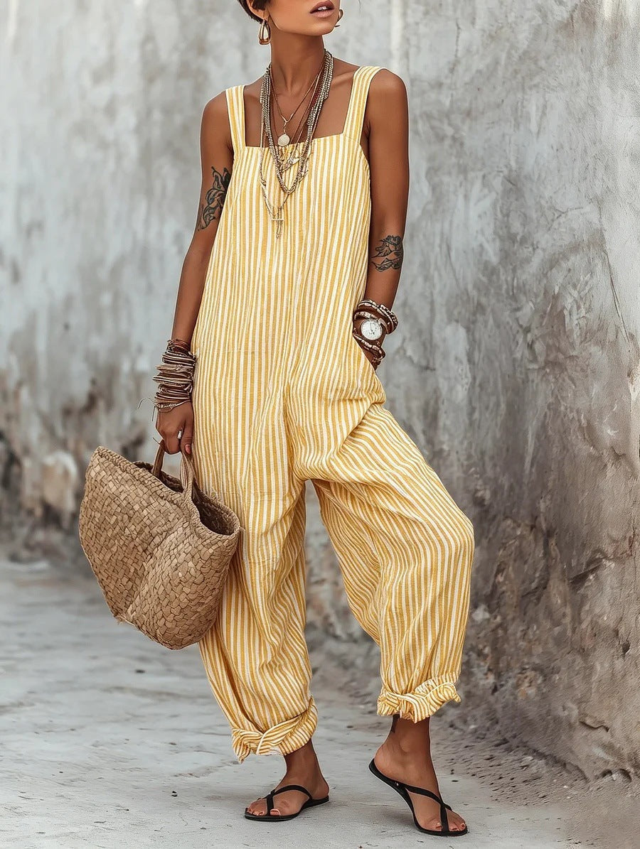 Square Spaghetti Strap Loose Baggy Balloon Leg Ruffle Ankle Casual Vacation Overalls