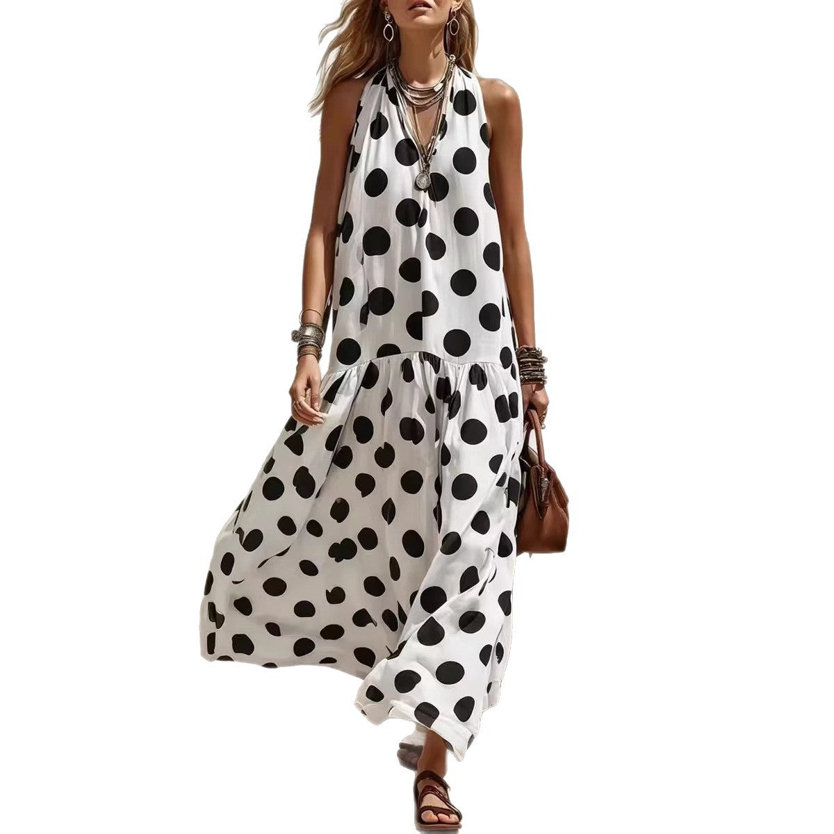 Women's Sleeveless Casual Dress - Striped Polka Dot Print