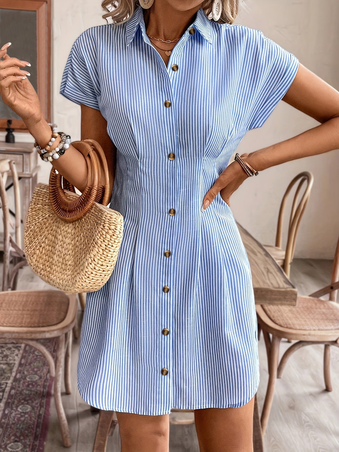 Blue Striped Button-Down Shirt Dress