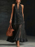 Halter Neck Denim & Tulle Tiered Maxi Dress