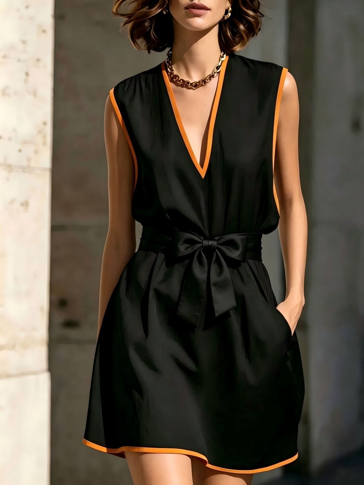 Contrast Piping V-Neck Self Tie Belt Sleeveless Mini Dress