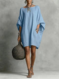 Women's Solid-color round-neck 3/4-sleeve Casual Loose Cotton-linen Dress