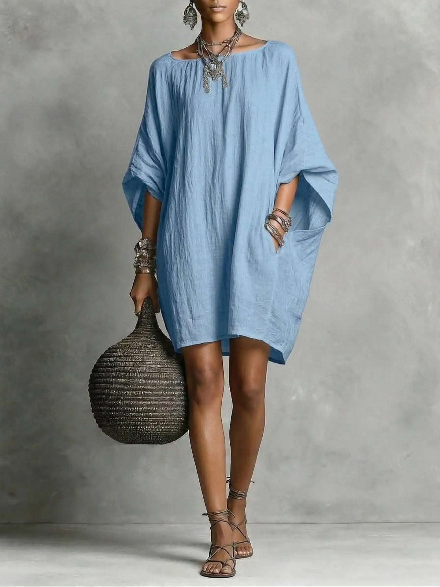 Women's Solid-color round-neck 3/4-sleeve Casual Loose Cotton-linen Dress