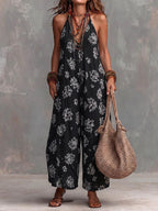 Women's Yellow Boho Floral Halter Wide-Leg Jumpsuit