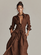 Women's Elegant Brown Woven Cotton-linen Long-sleeved Shirt Collar Jumpsuit With Belt
