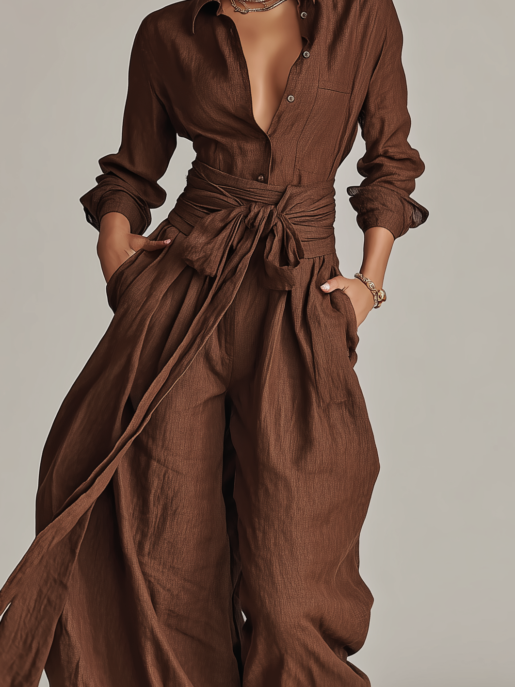 Women's Elegant Brown Woven Cotton-linen Long-sleeved Shirt Collar Jumpsuit With Belt