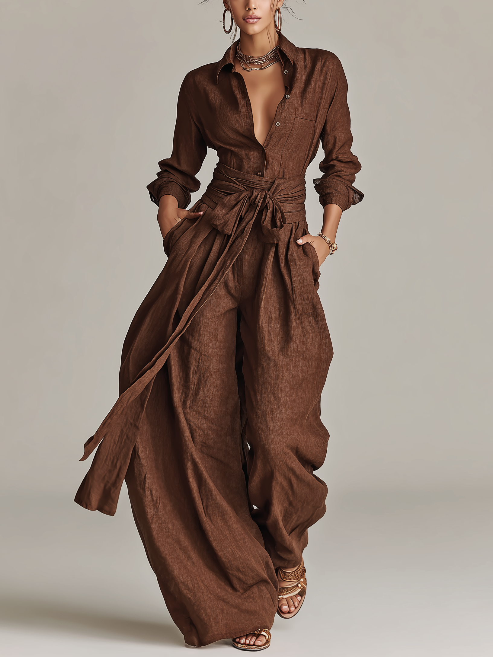 Women's Elegant Brown Woven Cotton-linen Long-sleeved Shirt Collar Jumpsuit With Belt