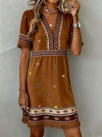 Cozy Brown Heart Print V-Neck Dress