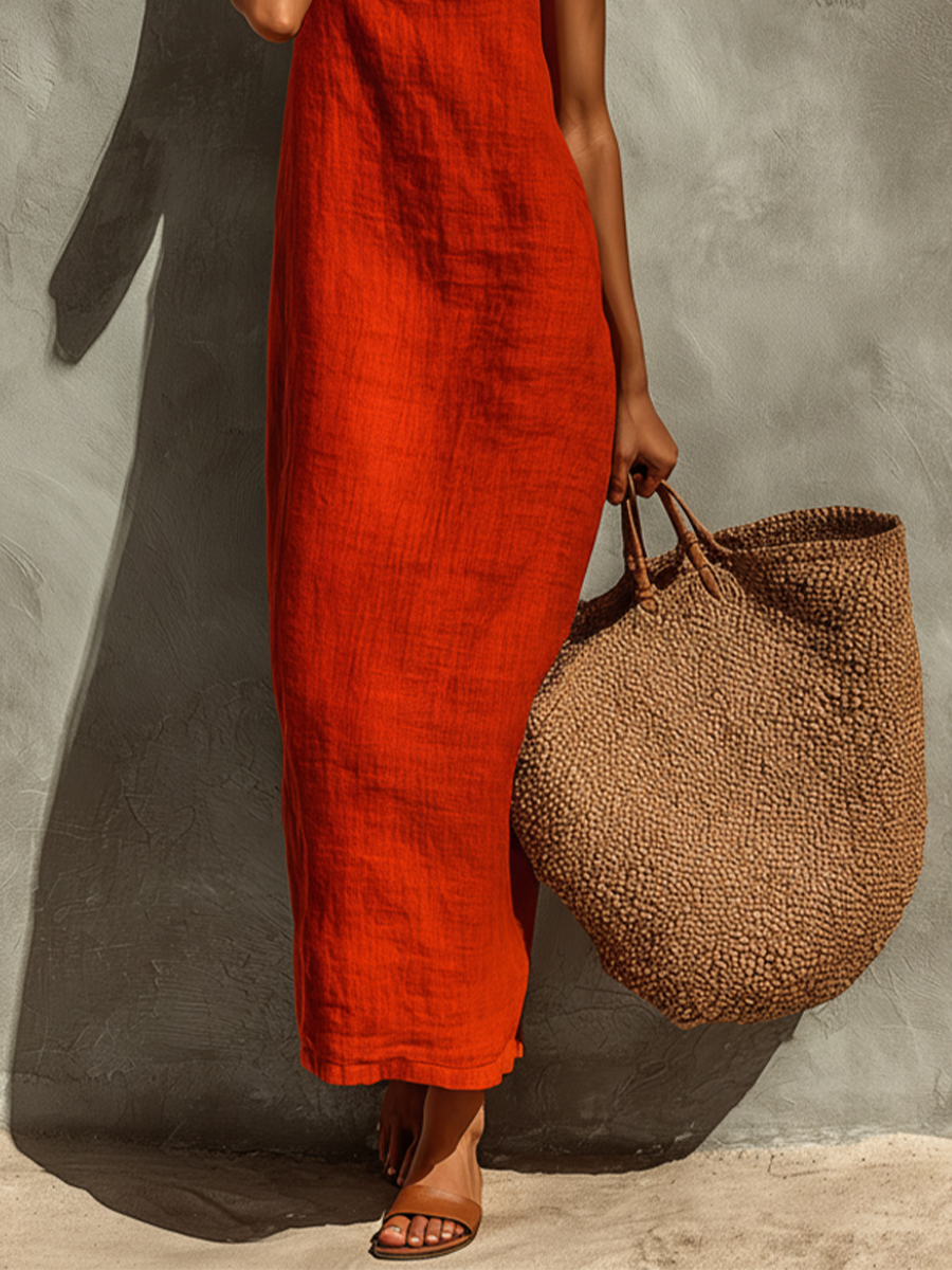 Women's Red Cotton Dress With Spaghetti Straps & Square Neck, Timeless Boho-Resort Style Dress