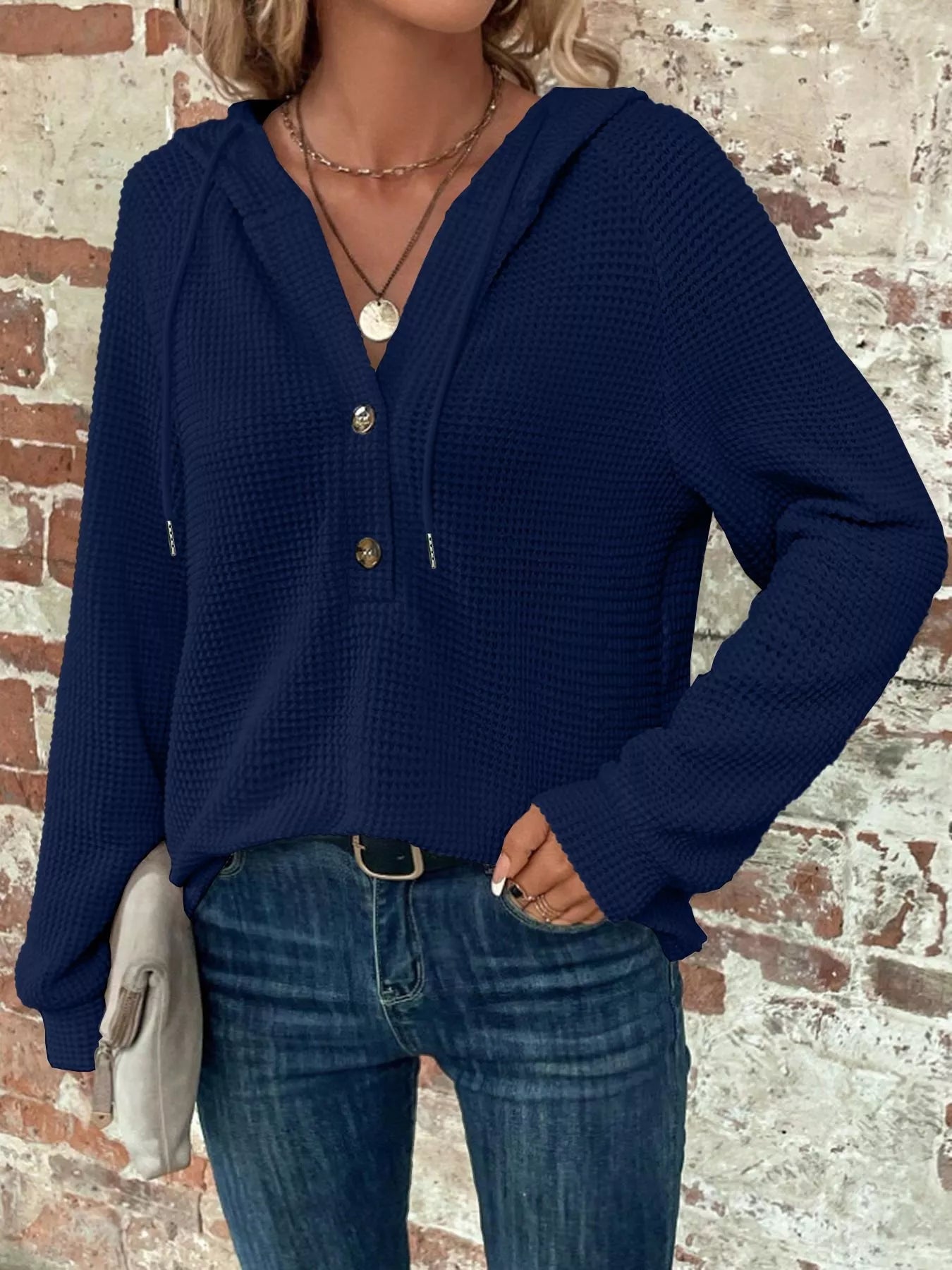 Waffle Knit Button Detail Hoodie