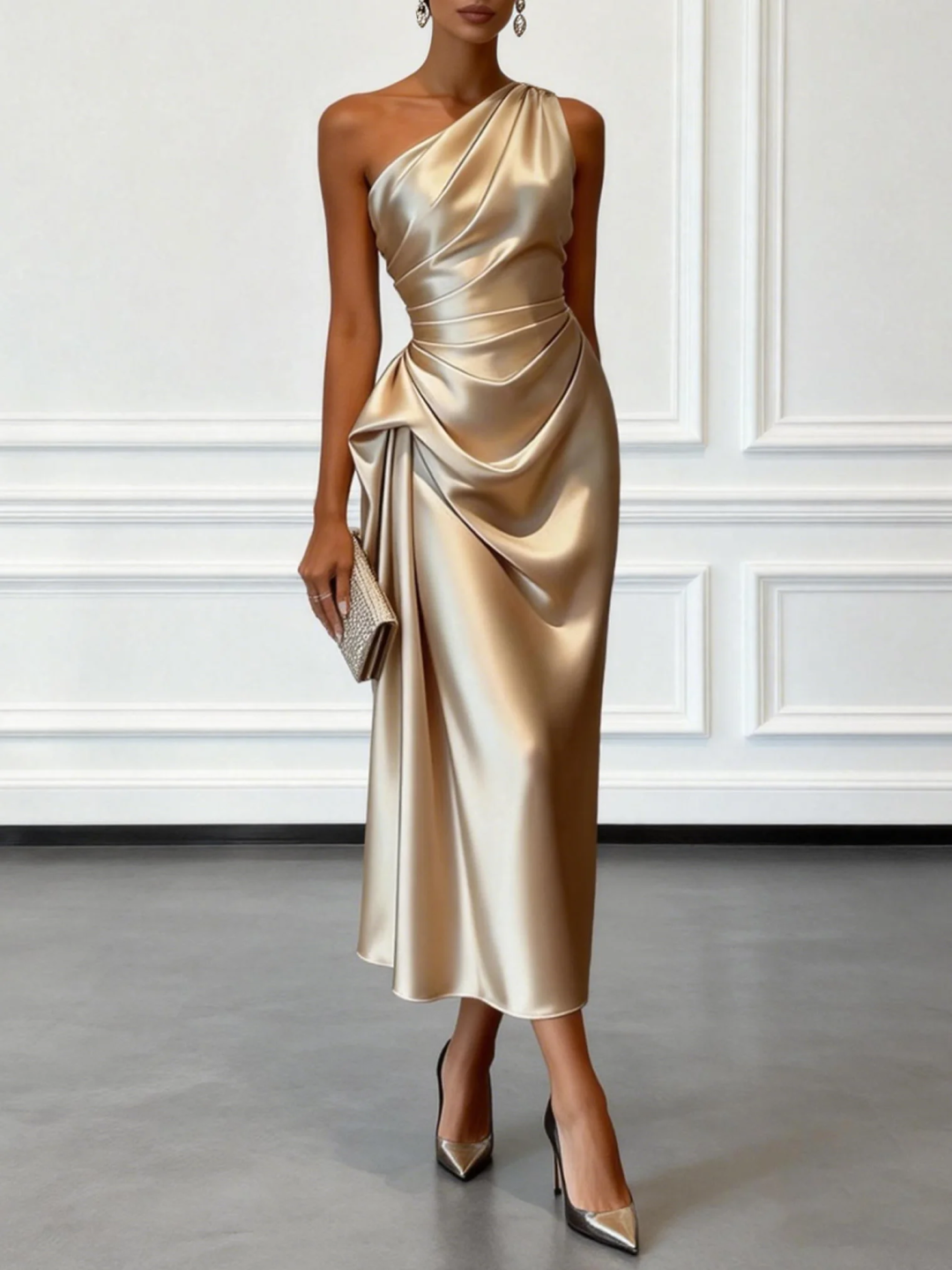 Satin One-shoulder Sleeveless Ruffled Midi Dress