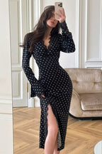Women Polka‑Dot Lace Trim Long Sleeve Midi Dress