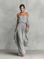 Women's Grey Breathable Chiffon Maxi Dress With Cold-Shoulder Detail & Flared Silhouette