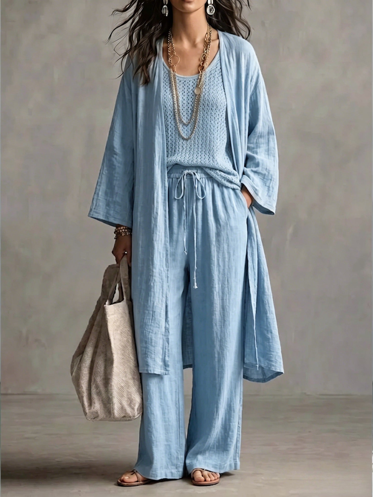 Neutral Beige Linen-Blend Two-Piece Lounge Set