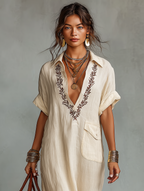 Women's Minimalist Linen Blend Embroidered Short-sleeved Shirt Maxi Dress