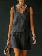 Casual V-Neck Sleeveless Top & Shorts Set