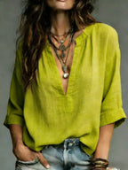 Textured Linen Blend Notch V Neck 3/4 Cuffed Sleeve Blouse