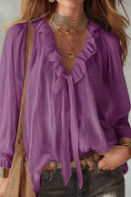 Stylish Long-sleeved V-neck Tie Loose Shirt Top