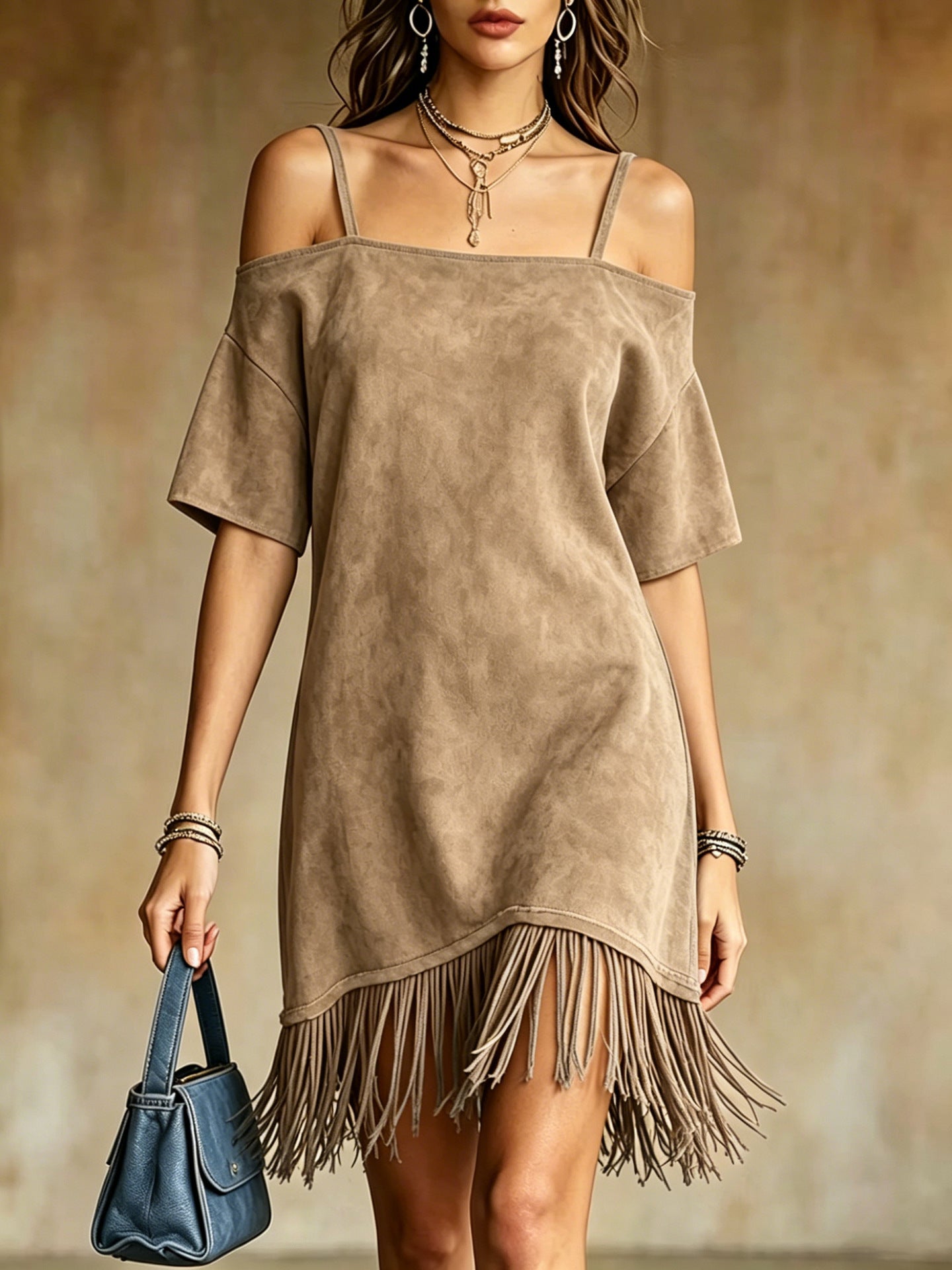 Off Shoulder Spaghetti Strap Suede Fringe Mini Dress