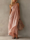 Dusty Pink One Shoulder Ruched Linen Maxi Dress