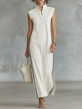 Women's Minimalist Athletic-Style Sleeveless Henley Maxi Dress