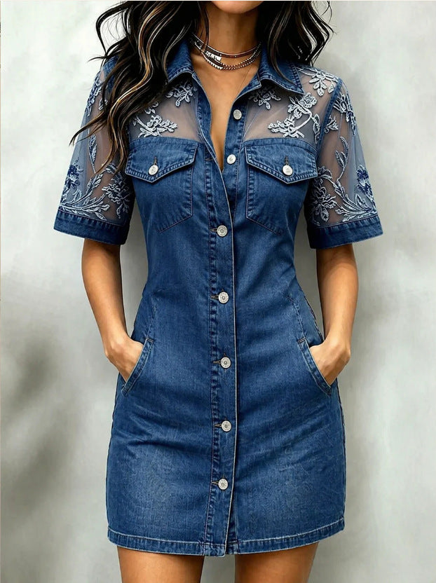 Sheer Mesh Floral Embroidered Denim Mini Dress