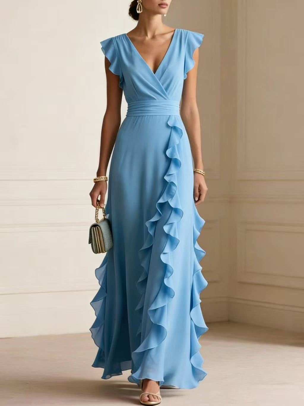 Flutter Sleeve Ruffle Maxi Dress