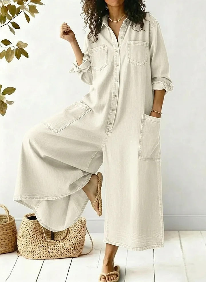 Women's Cozy And Casual Denim Jumpsuit With Large Front Pockets