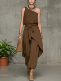 Stylish Casual Linen And Cotton One-shoulder Sleeveless Jumpsuit