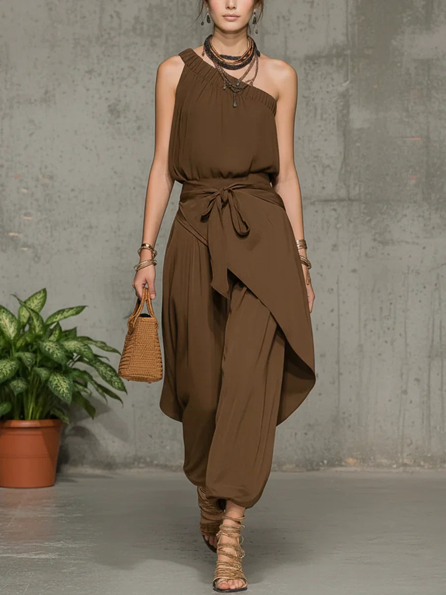 Stylish Casual Linen And Cotton One-shoulder Sleeveless Jumpsuit