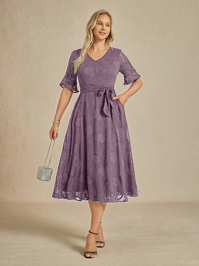 Sheer Sleeve V-Neck Floral Dress