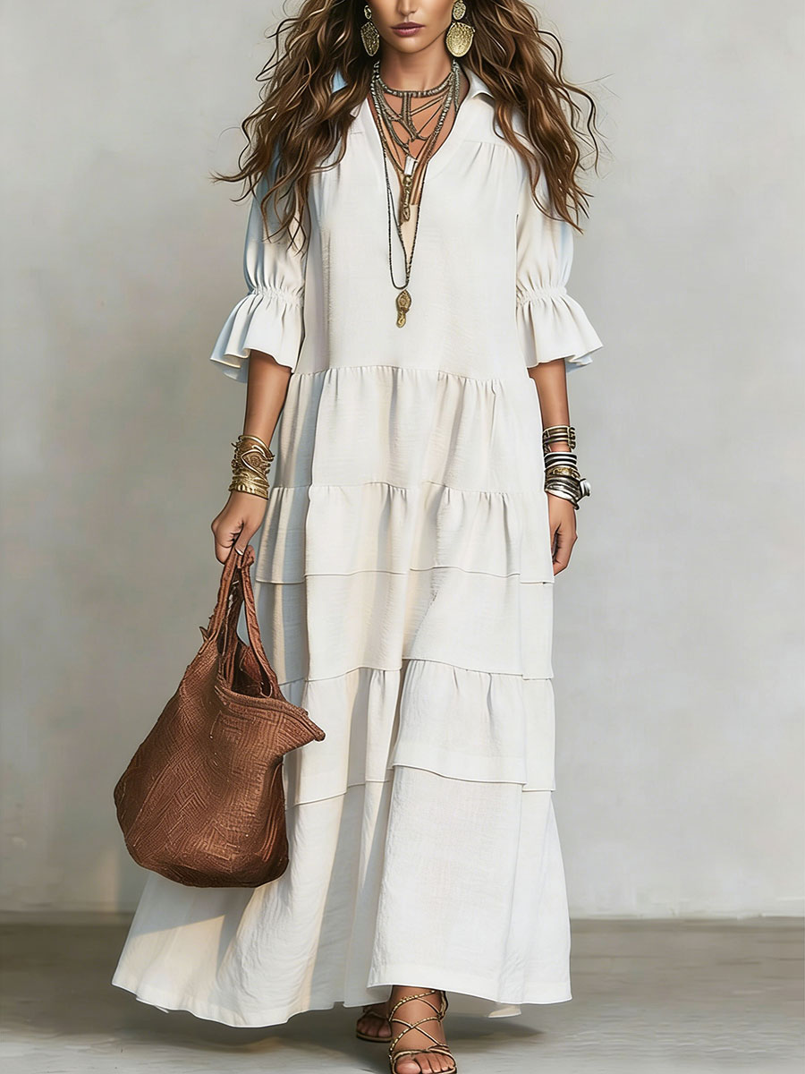 Casual Loose-fitting Linen And Cotton Half Sleeves Dress