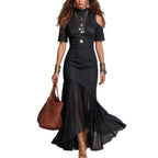 Off-Shoulder Mesh Hem Midi Dress – Slim Fit Short Sleeve Dress