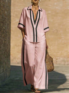 Fashionable Color-Block Two-Piece Set: Casual Short-Sleeve Shirt and Wide-Leg Pants