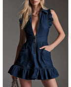 Denim Ruffle Sleeveless Zip Front Mini Dress