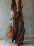Earthy Brown Halter Wide-Leg Jumpsuit