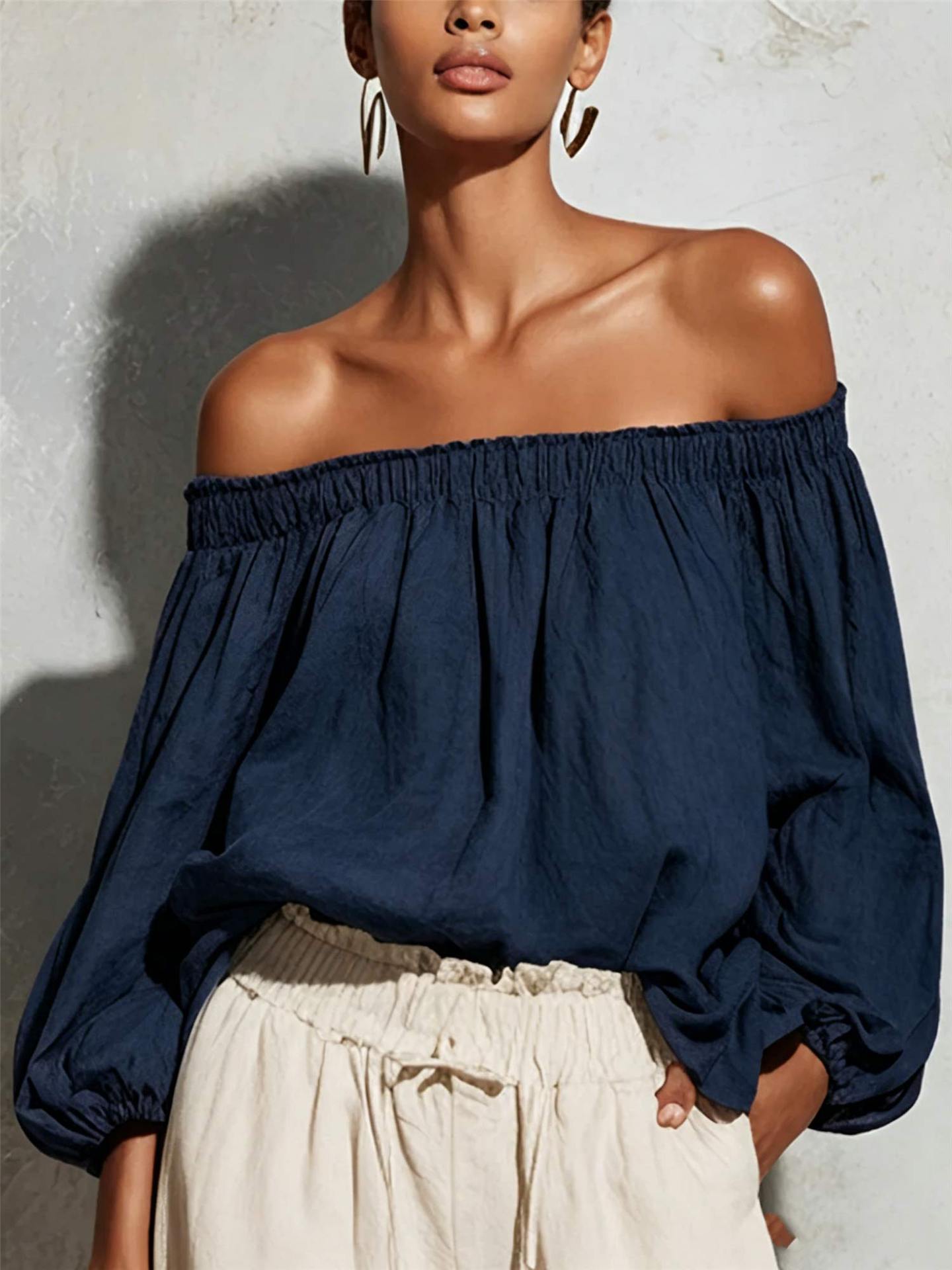 Women Off Shoulder Puff Bubble Sleeve Crinkled Casual Blouse