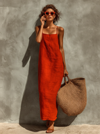 Women's Red Cotton Dress With Spaghetti Straps & Square Neck, Timeless Boho-Resort Style Dress