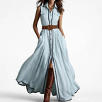 Belted Contrast Piping Maxi Shirt Dress