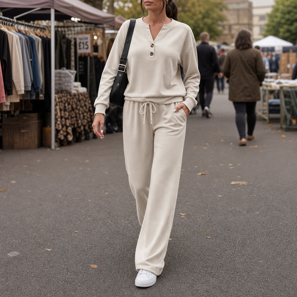 Women Henley Wide-Leg Two-Piece Lounge Set