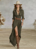 Long Belted Dress With Pleated Lapels