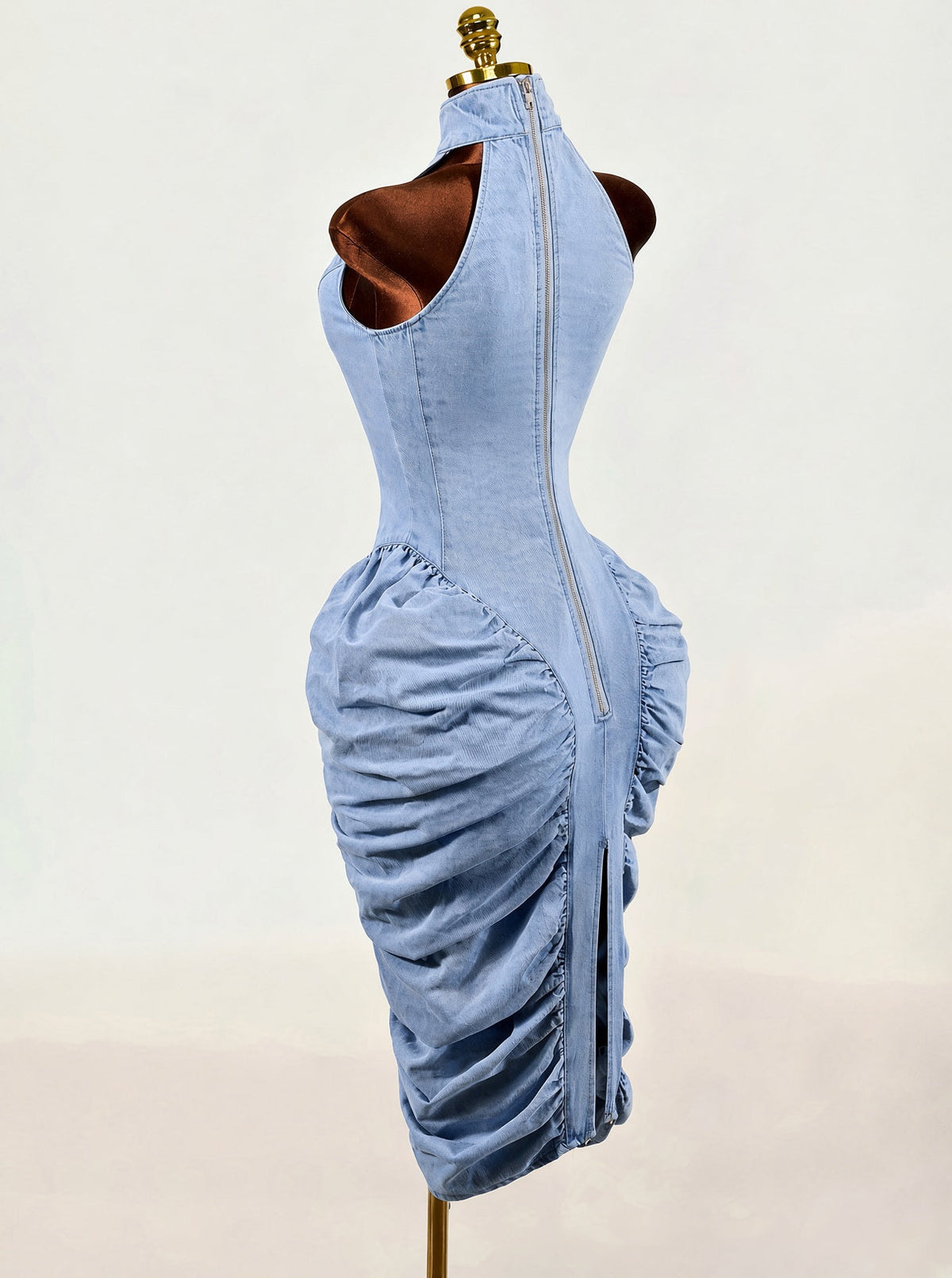 Ruched Halter Denim Dress — Light Wash