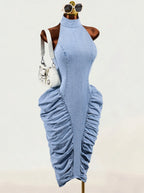Ruched Halter Denim Dress — Light Wash