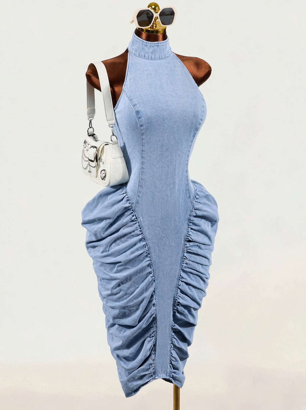 Ruched Halter Denim Dress — Light Wash