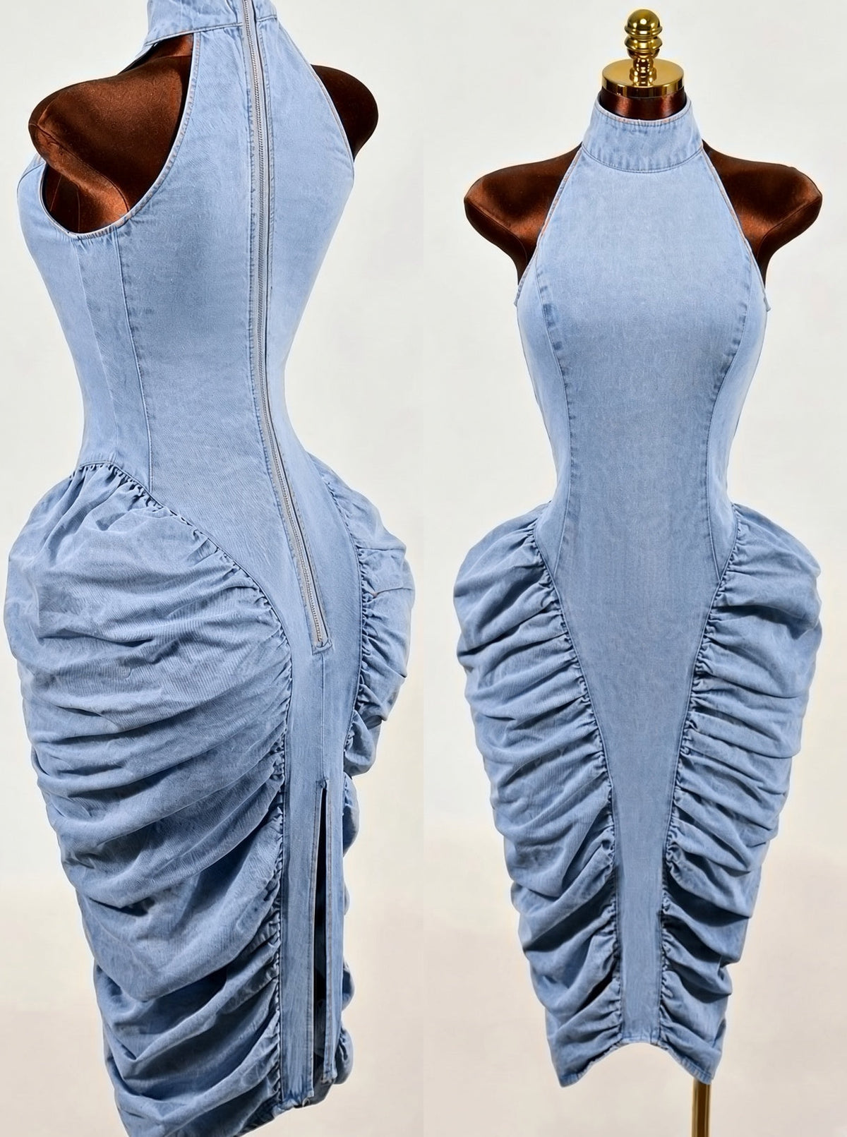 Ruched Halter Denim Dress — Light Wash