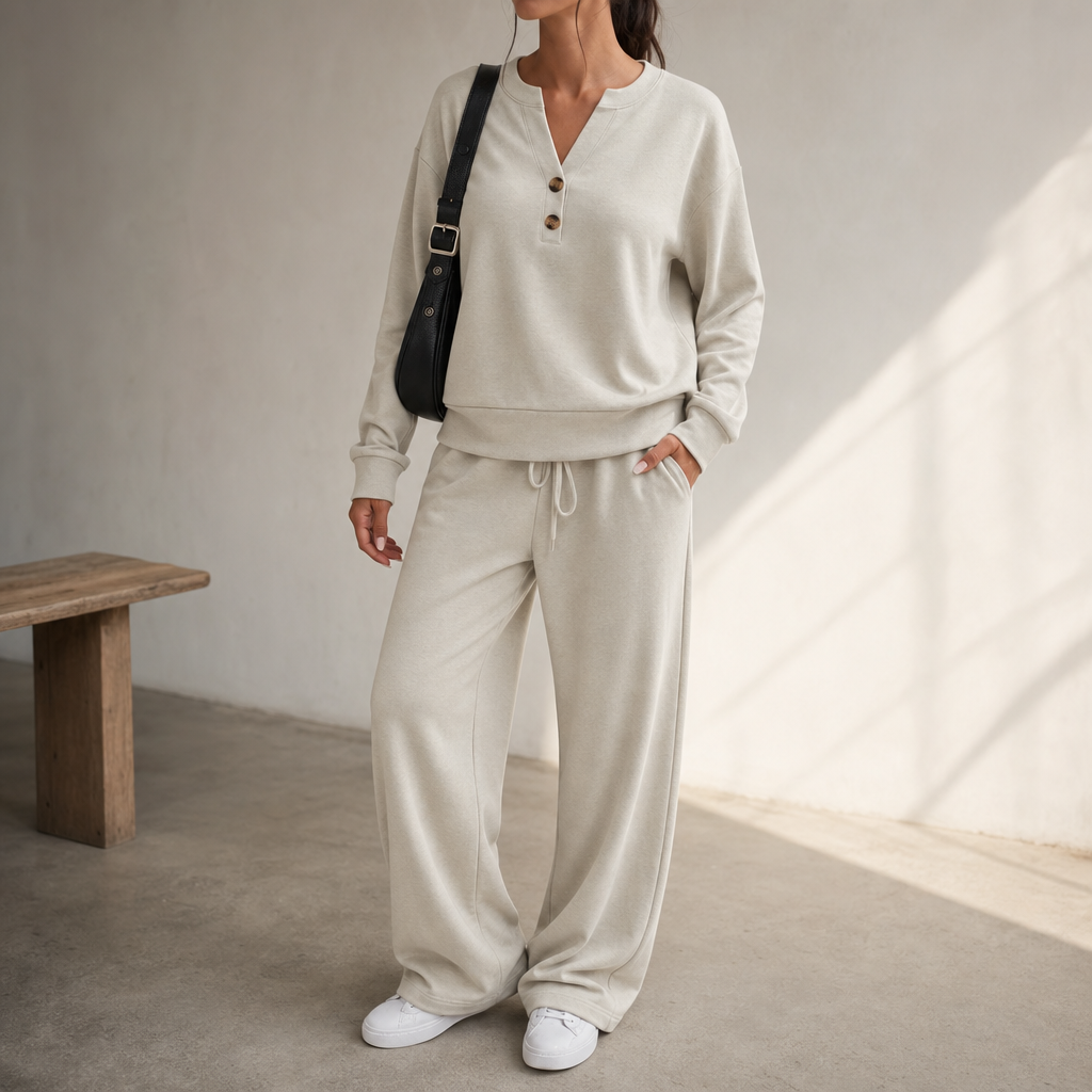 Women Henley Wide-Leg Two-Piece Lounge Set