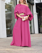 Skew Neck Lantern Sleeve Loose Top & Zipper Fly Wide Leg Pants Set Without Belt