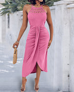Halter Tie Criss Cross Front Knit Jacquard Textured Slit Dress Casual Hollow-out Draped Vacation Dress